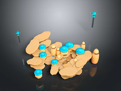 Colorful Abstract 3D Composition With Yellow Irregular Shapes Blue Circular Tops And Black Poles 3d model
