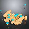 Colorful Abstract 3D Composition With Yellow Irregular Shapes Blue Circular Tops And Black Poles