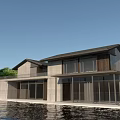 Modern Waterfront Homestay Architecture With Large Glass Windows Sloped Roof And Wood Concrete