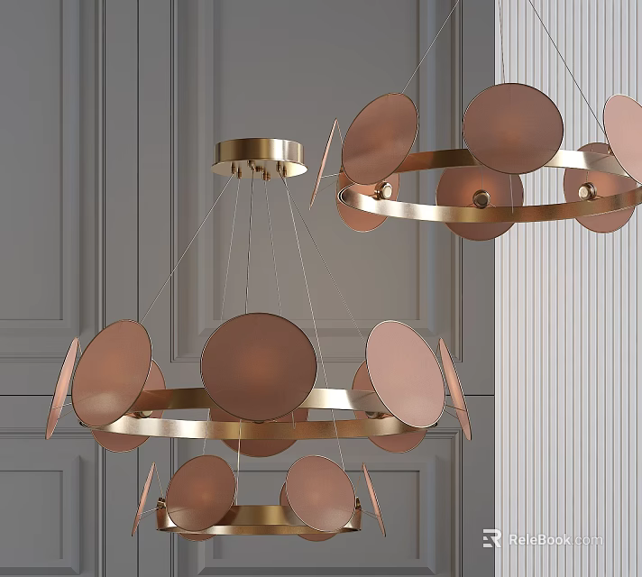 Modern Gold Ring Chandelier With Multiple Circular Discs In Minimalist Interior Design 3d model