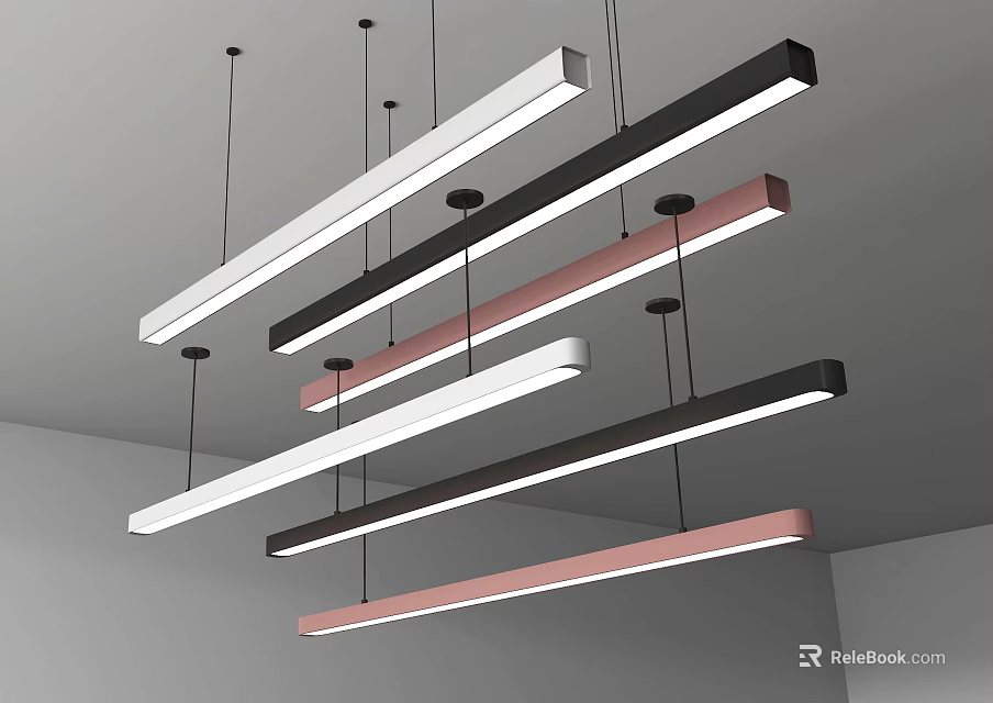 Modern Linear Pendant Lights in White Black and Pink Hanging from Ceiling 3d model 
