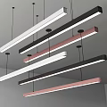 Modern Linear Pendant Lights in White Black and Pink Hanging from Ceiling