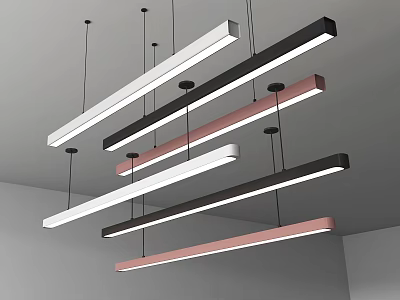 Modern Linear Pendant Lights in White Black and Pink Hanging from Ceiling 3d model