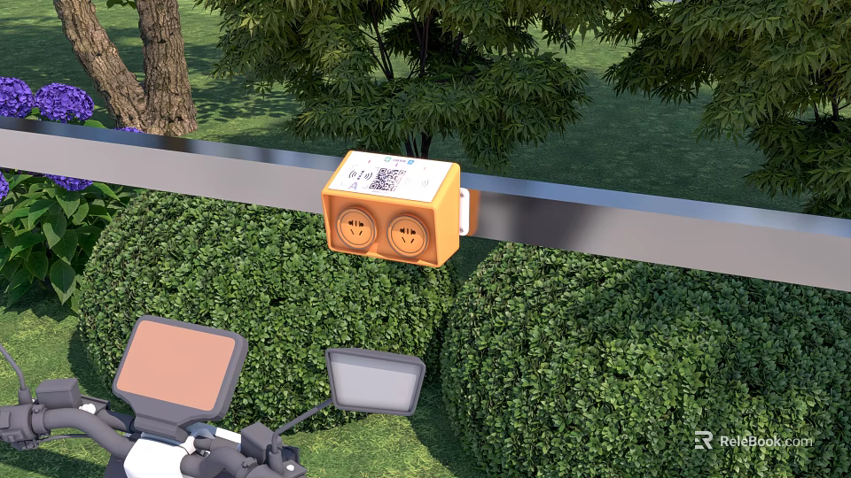 Orange Outdoor Switch Panel With Double Sockets QR Code And Green Bushes 3d model
