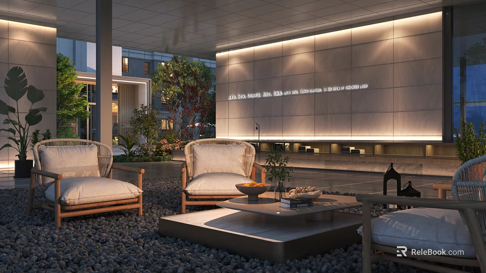 Residential Landscape Featuring Wicker Chairs Coffee Table Gravel Ground Trees Background Building And Illuminated Wall 3d model 