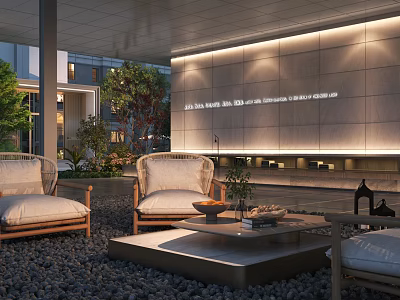 Residential Landscape Featuring Wicker Chairs Coffee Table Gravel Ground Trees Background Building And Illuminated Wall 3d model