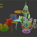 Cartoon Scene with Purple Yellow Spire Tower Orange Flowers Green Leaves and Golden Spiral Structure