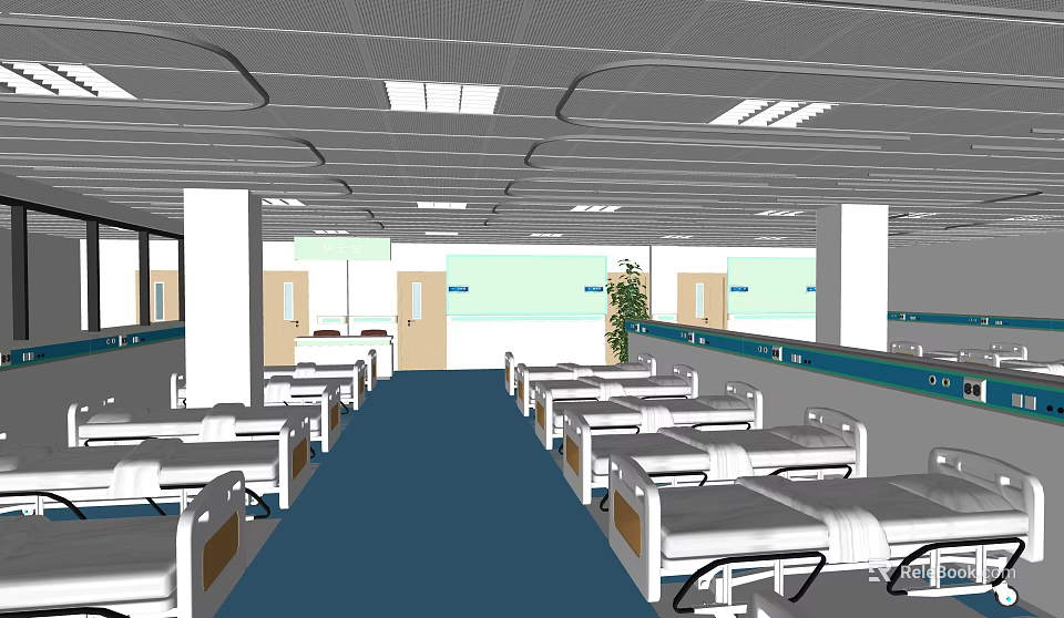 Hospital Ward Interior With Beds Blue Carpet White Pillars Green Plant And Ceiling Lights 3d model 