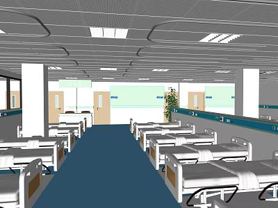 Hospital Ward Interior With Beds Blue Carpet White Pillars Green Plant And Ceiling Lights 3d model