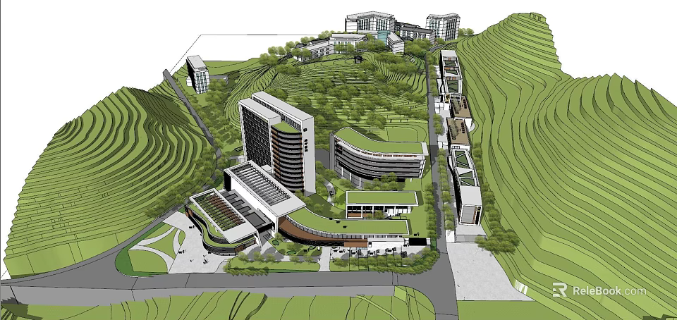 Modern Architectural Complex on Hillside with Green Landscape and Integrated Design 3d model