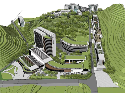 Modern Architectural Complex on Hillside with Green Landscape and Integrated Design 3d model