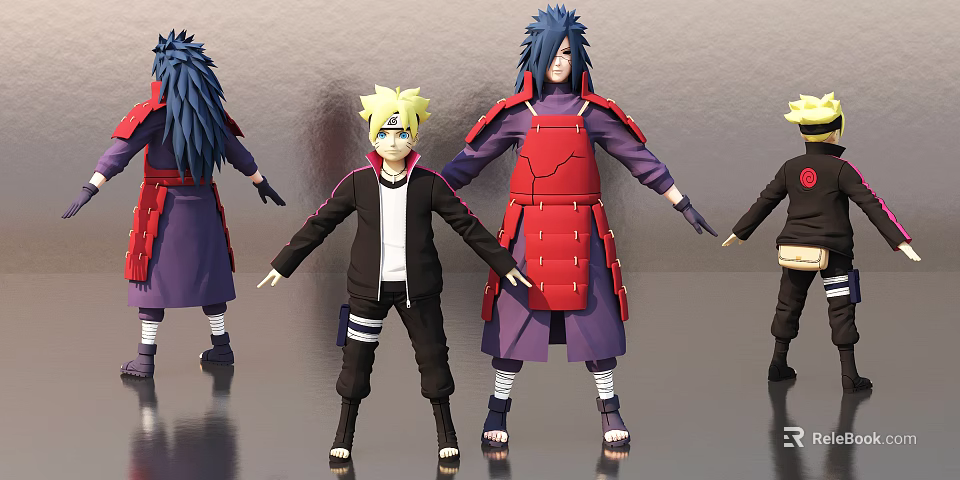 Game Anime Characters With Yellow Hair Black Jacket And Blue Long Hair Red Armor 3d model 