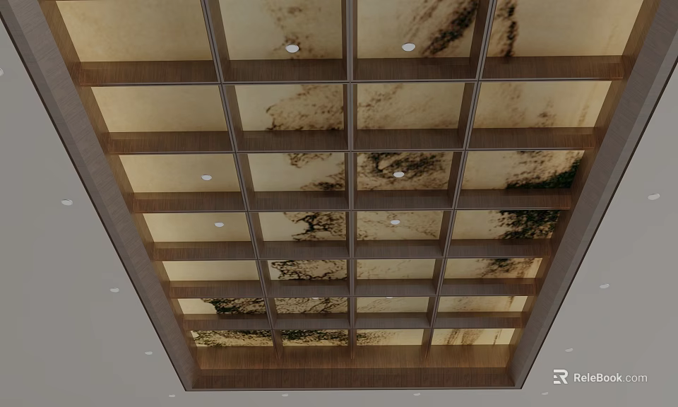 Elegant Ceiling Design With Wooden Frame And Marble Like Panels And Recessed Lights 3d model 
