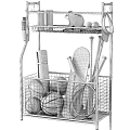 Sports Equipment Storage Rack With Various Balls Rackets Skateboard And Helmet