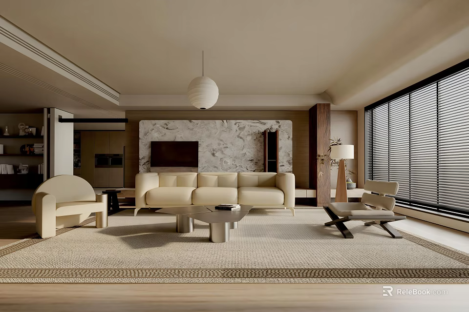 Modern Beige Living Room Interior With Beige Sofa Woven Rug And Marble Accent Wall 3d model 