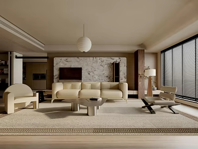 Modern Beige Living Room Interior With Beige Sofa Woven Rug And Marble Accent Wall 3d model