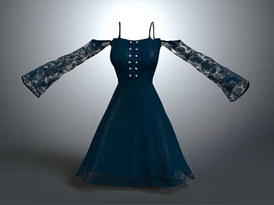 Navy Blue Off Shoulder Dress With Long Lace Sleeves And Decorative Buttons 3d model
