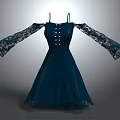 Navy Blue Off Shoulder Dress With Long Lace Sleeves And Decorative Buttons