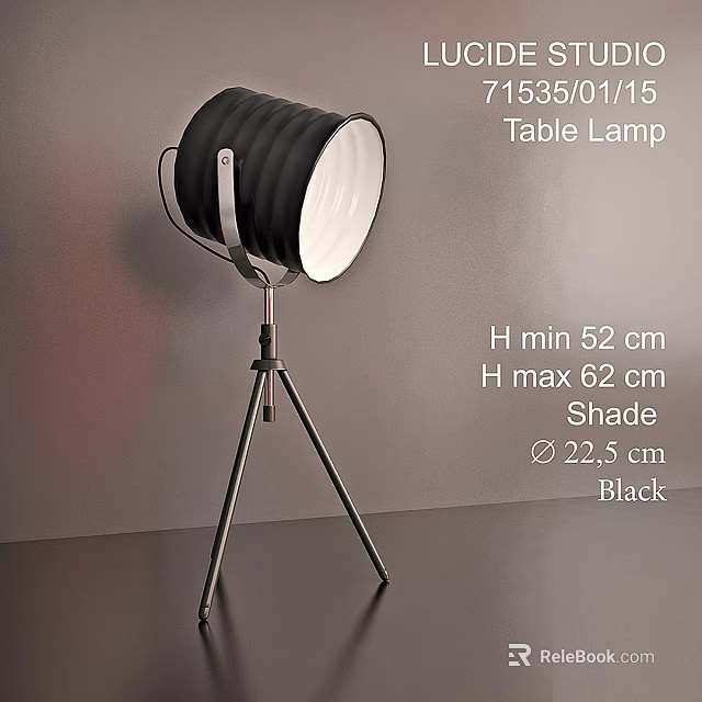 Black Table Lamp with Adjustable Height 52 to 62 cm and 22.5 cm Shade Diameter 3d model 