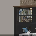 Kitchen Spice Jars Arranged On Black Cabinet Shelves With White Plates