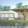 Bamboo Pavilion Structures With Water Feature Greenery And White Wall Background 3d model