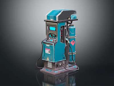 Blue Fuel Dispenser With Display Screen Control Panel Fuel Nozzle And Red Warning Sign 3d model