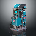 Blue Fuel Dispenser With Display Screen Control Panel Fuel Nozzle And Red Warning Sign
