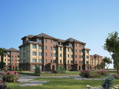 Multistory Residential Building With Red Brick Beige Exterior Green Lawn Flowers And Trees 3d model