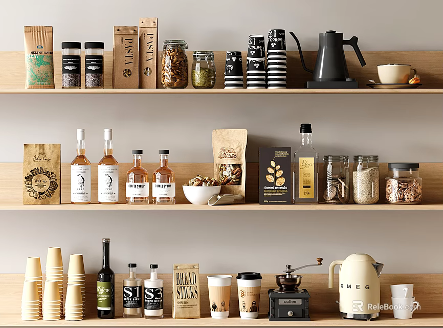 Organized Food Storage Shelves With Coffee Jars Bottles Grinder And Containers 3d model 