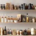 Organized Food Storage Shelves With Coffee Jars Bottles Grinder And Containers