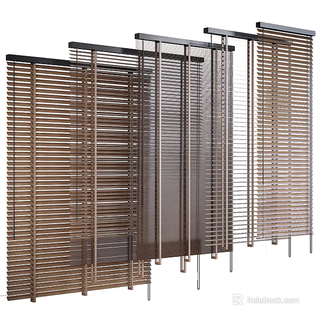 Contemporary Vertical Curtain Design With Wooden Slats And Metallic Frames 3d model 