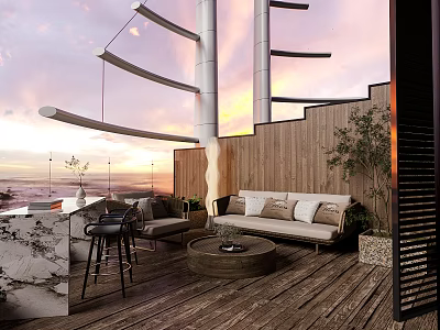 Modern Garden with Wooden Floor Sofa Coffee Table Bar Counter Green Plants and Sunset View 3d model