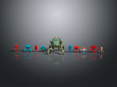 Vibrant Game And Movie Robot Characters Featuring Large Central Green And Smaller Colored Robots 3d model