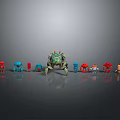 Vibrant Game And Movie Robot Characters Featuring Large Central Green And Smaller Colored Robots