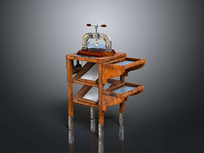 Vintage Wooden Apparatus With Multi Layer Shelves And Metal Top Device 3d model