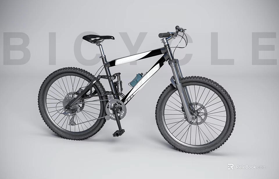 Black And White Mountain Bike With Large Tires Sturdy Frame And Suspension 3d model 