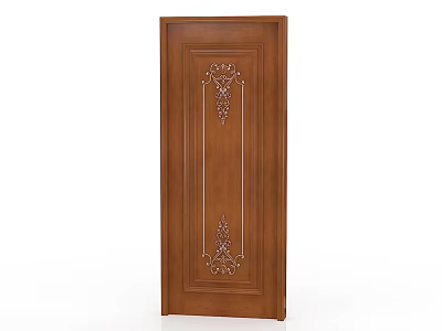 Brown Wooden Hinged Door With Intricate Carved Decorations And Classic Design 3d model