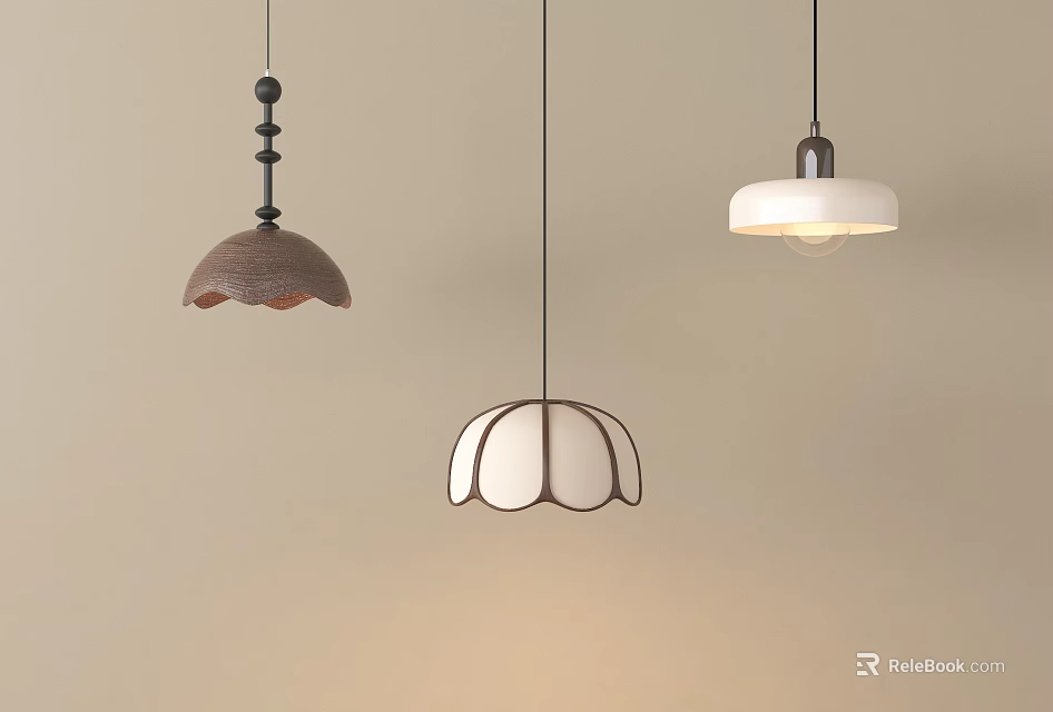 Stylish Pendant Lights In Brown And White With Unique Designs Hanging On Beige Wall 3d model 