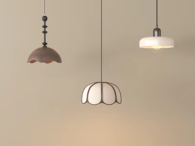 Stylish Pendant Lights In Brown And White With Unique Designs Hanging On Beige Wall 3d model