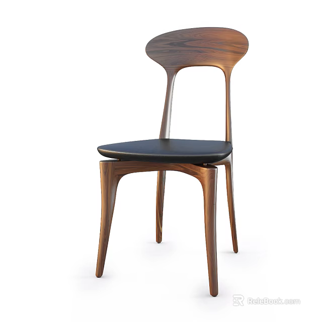Modern Wooden Dining Chair With Curved Back And Black Leather Seat 3d model 