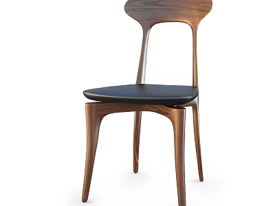 Modern Wooden Dining Chair With Curved Back And Black Leather Seat 3d model