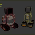 Two Mechanical Robots With Screen Heads Large Wheels And Black Silver Orange Details