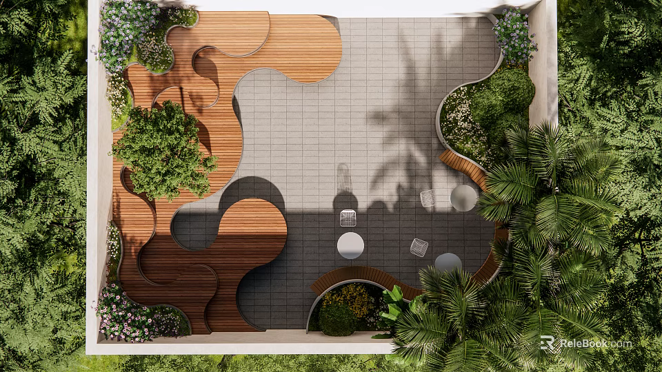 Lush Modern Roof Garden Design With Wooden Pathways Greenery And Gray Stone Paving 3d model 