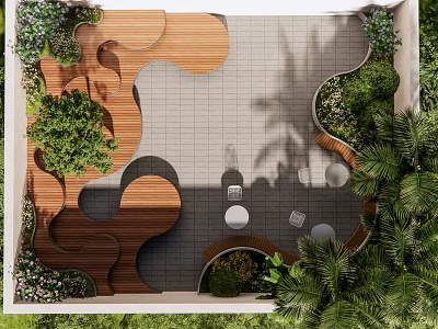 Lush Modern Roof Garden Design With Wooden Pathways Greenery And Gray Stone Paving 3d model