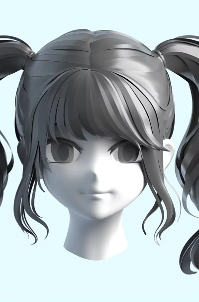 Woman With Curly Gray Hair Styled In Double Pigtails Hairstyle 3d model
