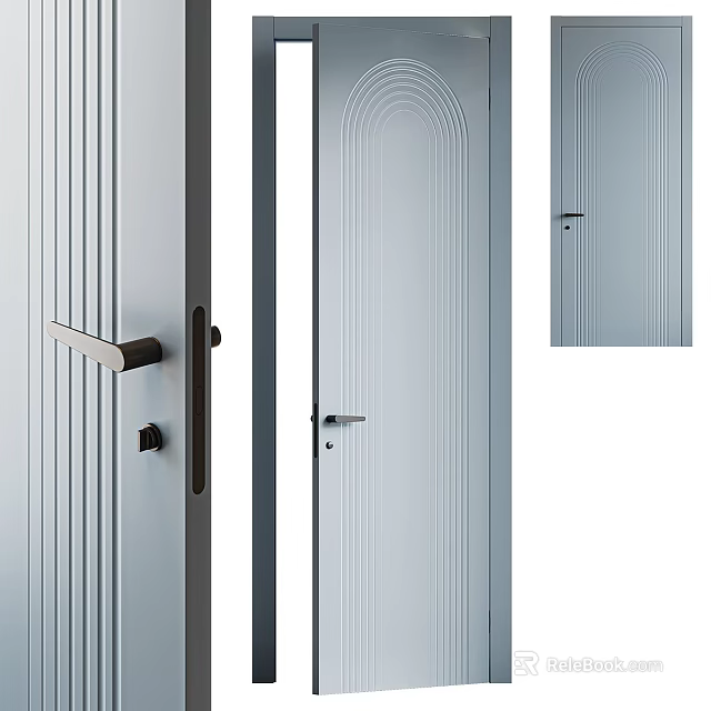 Sleek Contemporary Hinged Door With Frosted Glass Vertical Stripes And Black Handle 3d model 