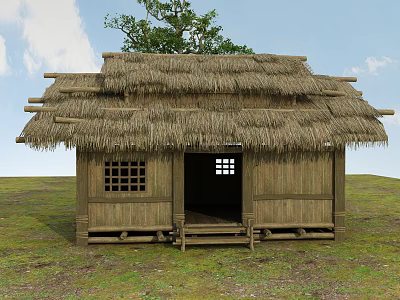 Traditional Thatched Cottage With Wooden Structure Lattice Windows Tree And Blue Sky 3d model