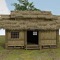 Traditional Thatched Cottage With Wooden Structure Lattice Windows Tree And Blue Sky