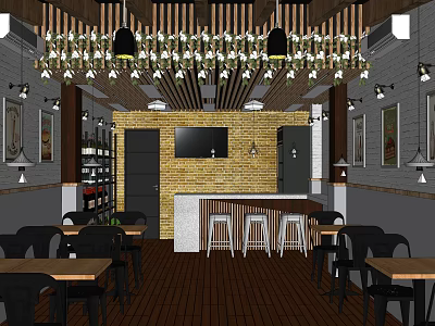 Elegant Restaurant Interior With Wooden Ceiling Hanging Floral Decorations Brick Wall And Bar Counter 3d model