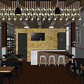 Elegant Restaurant Interior With Wooden Ceiling Hanging Floral Decorations Brick Wall And Bar Counter